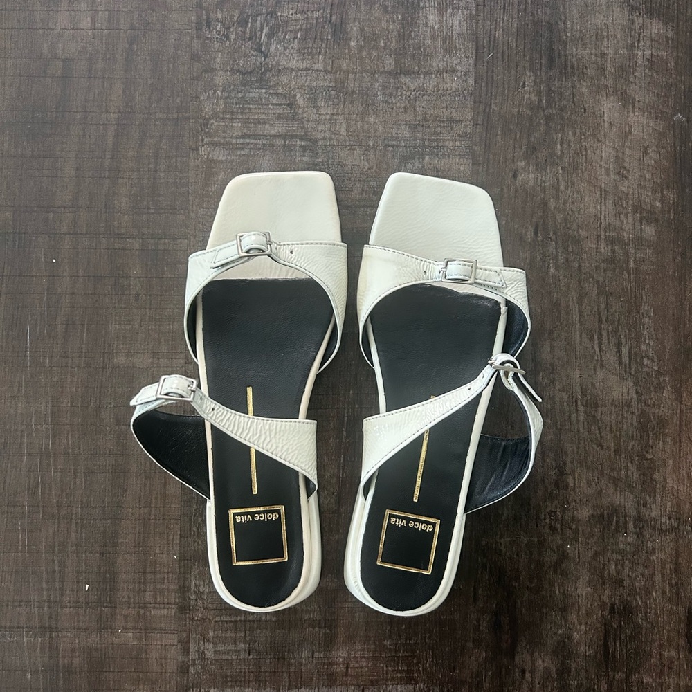 Dolce Vita Cream Sandals with Square Toe and Silver Buckle